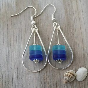 Wire Loop Triple Blue Sea Glass Earrings Women Jewelry Gift